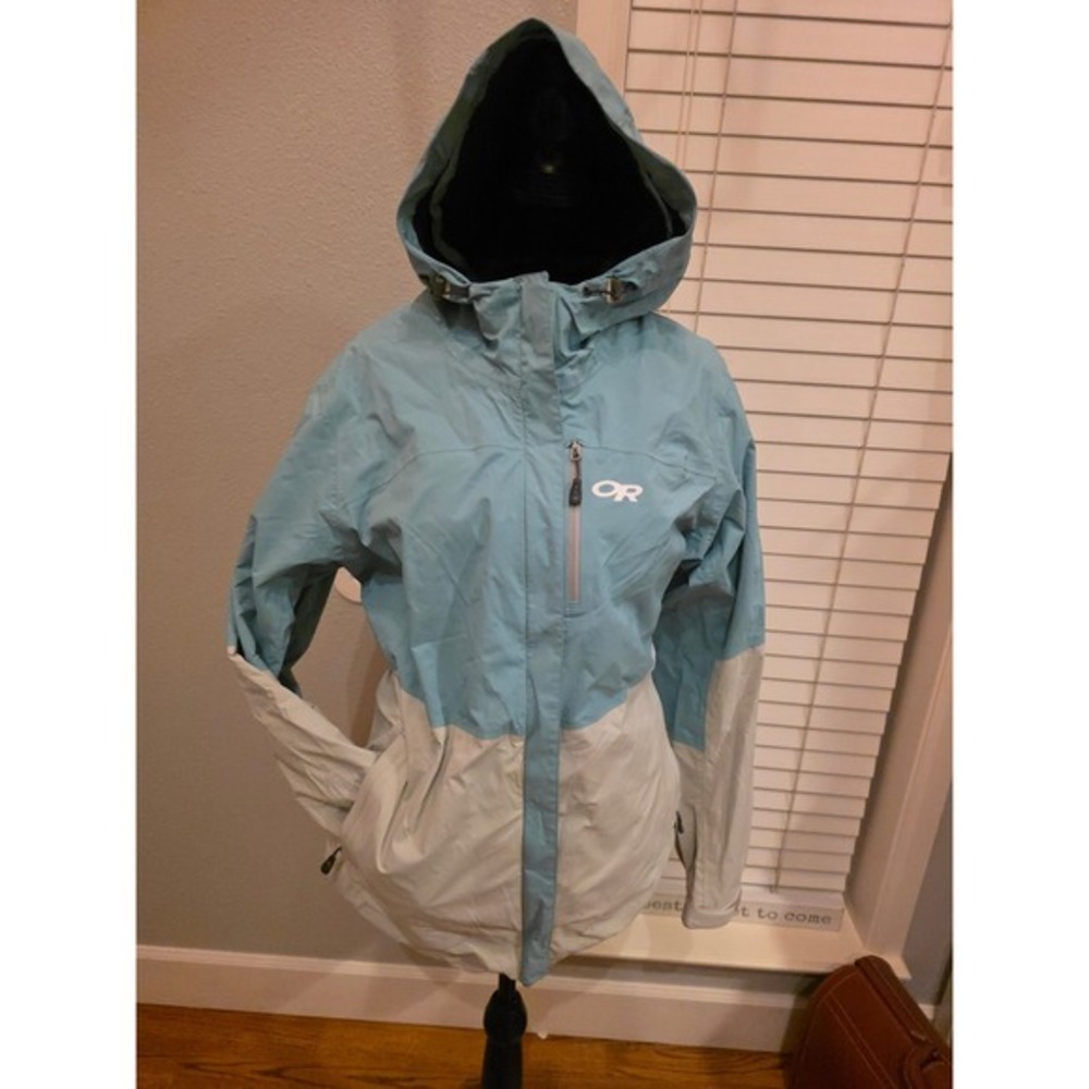 Outdoor Research Waterproof Hooded‎ Jacket Light Blue and Beige Size Medium